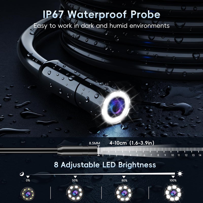Skybasic Industrial Endoscope Borescope Camera with Light, 4.3'' HD Digital Handheld Waterproof Sewer Tools Snake Inspection Camera with 8 LED Lights 65.6FT Semi-Rigid Cable, Cool Gift Gadgets for Men - Image 4